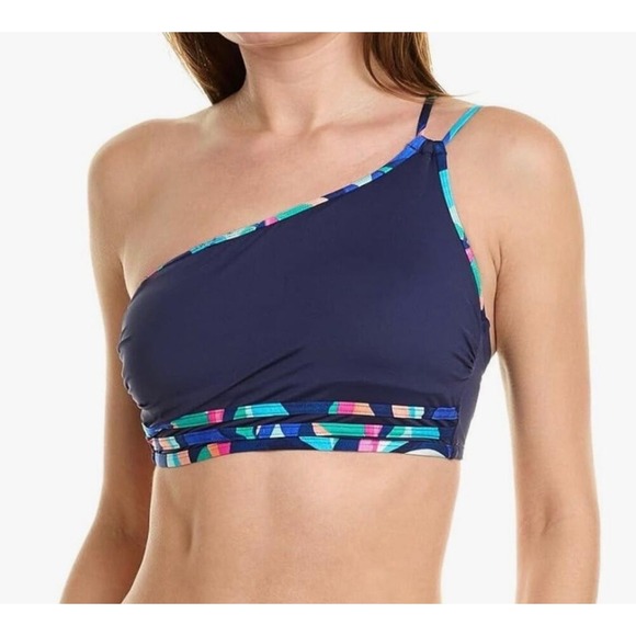 La Blanca Other - La Blanca Painted Leaves One Shoulder Midkini Bikini Top Tassel Navy Pink NWT